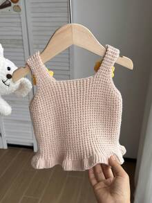 Baby Girl Crochet 3D Floral Decor Ruffle Hem Knit Vest Back-To-School - Beige - View 2