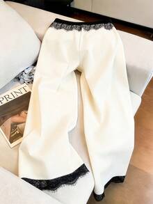 GlowEve CURVE Plus Size Solid Color Contrast Contrast Lace Casual Commute Daily Elegant Valentine's Day Party Women's Straight Leg Pants Fall - Multicolor - View 2