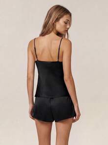 SHEIN Leisure Women's Soft, Smooth And Silky Satin Pajama Set FrenchElegance EasyComfort - Black - View 2