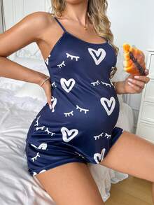 Moonlight&Mama Moonlight & Mama Basic Minimalist Navy Blue Knit Heart Print Design Camisole & Shorts Maternity Pajama Set - Navy Blue - View 1