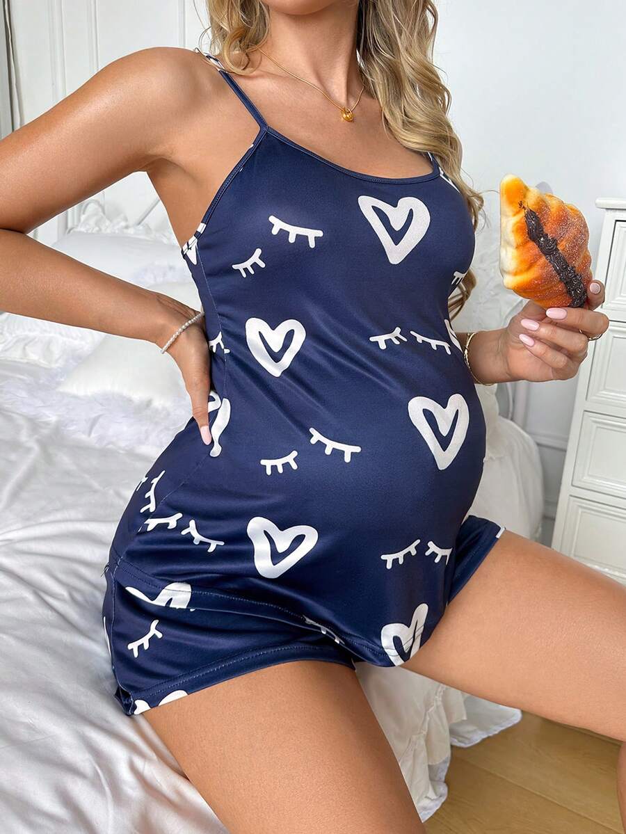 Moonlight&Mama Moonlight & Mama Basic Minimalist Navy Blue Knit Heart Print Design Camisole & Shorts Maternity Pajama Set - Navy Blue - View 1