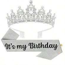 1件/2件組 生日披肩緞帶 It's My Birthday 皇冠頭飾 水鑽生日髮箍 附大頭針 生日披肩與皇冠緞帶 適用生日派對舞會裝飾 新娘皇冠 - 多色 - 查看 5