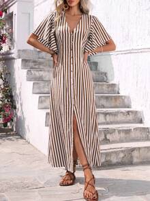 Louniche Women's White And Brown Base Polka Dot V-Neck Cinched Waist A-Line Button-Down Dress With Button Decor Hem Slit Elastic Back Waist Lantern Sleeves - Brown - View 5