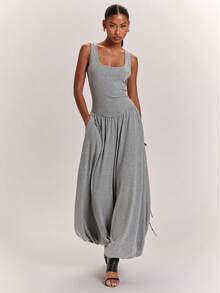 SHEIN BAE Women's Casual Commute Square Round Neck Minimalist Lantern Ruched Grey Marled Lantern Jumpsuit, Suitable For Casual Commute, Daily Wear, Casual Outing, Grey Lantern Pants, Grey Marled Lantern Pants - Grey - View 1