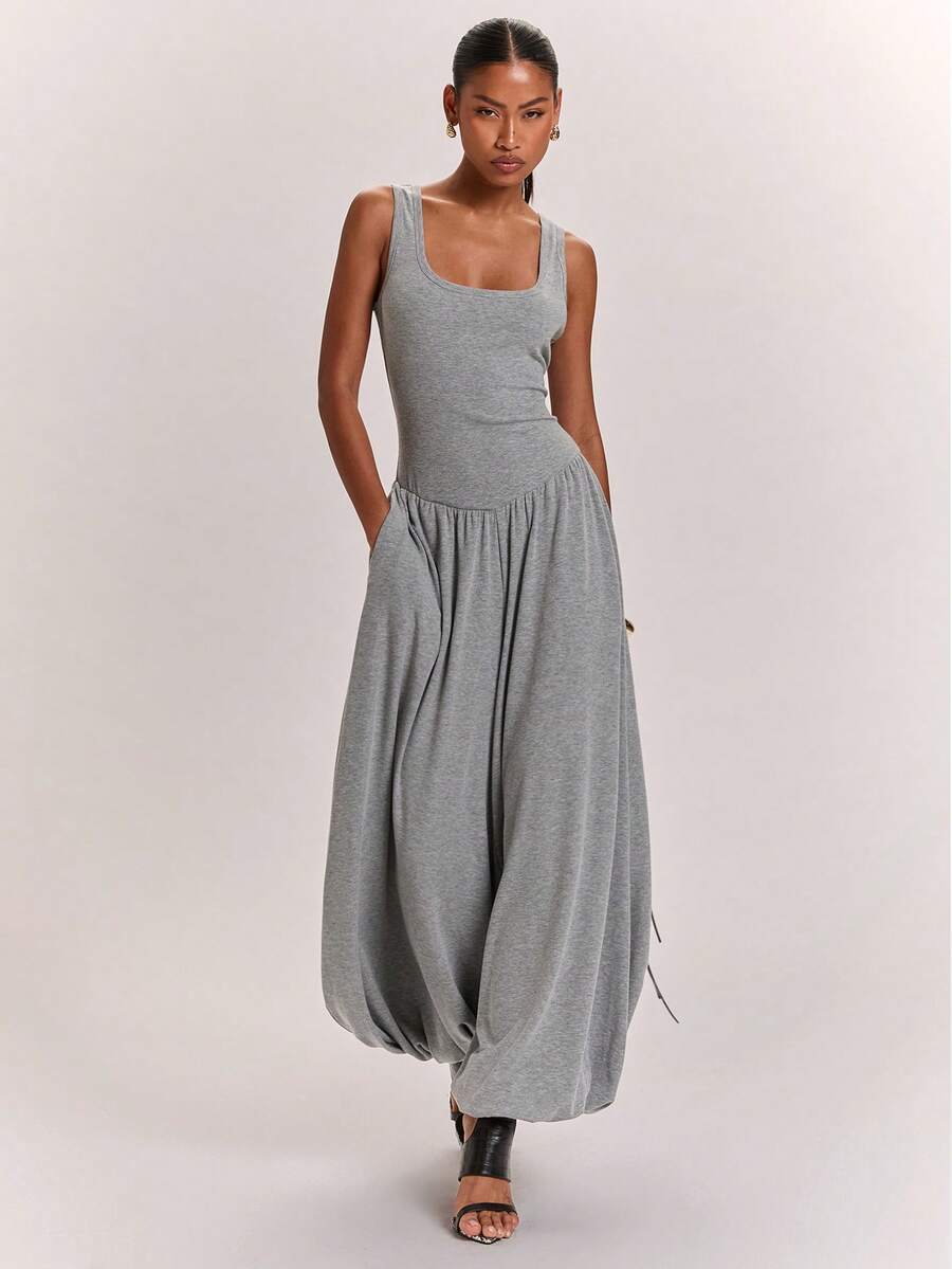 SHEIN BAE Women's Casual Commute Square Round Neck Minimalist Lantern Ruched Grey Marled Lantern Jumpsuit, Suitable For Casual Commute, Daily Wear, Casual Outing, Grey Lantern Pants, Grey Marled Lantern Pants - Grey - View 1