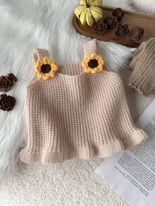 Baby Girl Crochet 3D Floral Decor Ruffle Hem Knit Vest Back-To-School - Beige - View 5