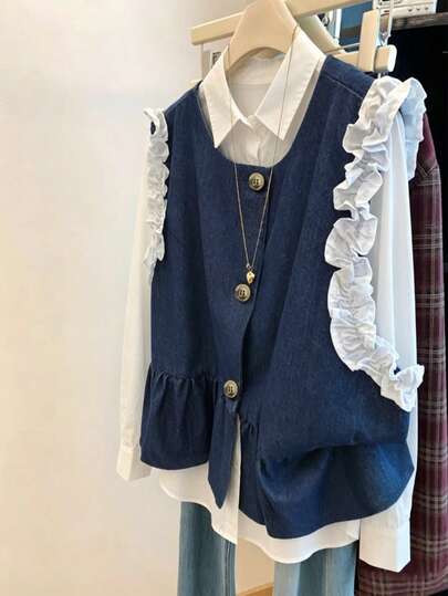 GlowEve CURVE Atasan Wanita Ukuran Plus untuk Musim Semi/Panas, Kasual, Minimalis, Serbaguna, Retro, Elegan, Motif Patchwork Denim Imitasi Biru dengan Desain Manset Berkerut, Cocok untuk Pakaian Musim Semi/Panas