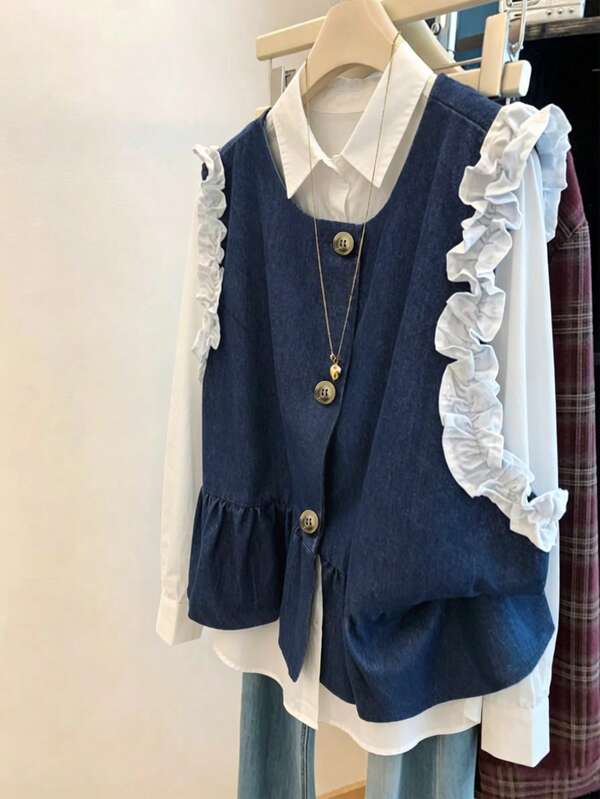 GlowEve CURVE Plus Size Women's Spring/Summer Fashion Casual Cute Kawaii Retro Elegant Graduation Office White Navy Blue Faux Denim Patchwork Top Ruffle Cuff Design