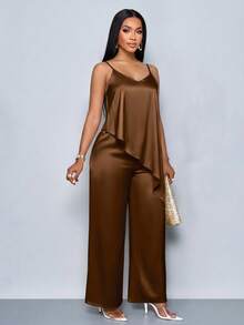 SOLERSUN 2pcs/Set Women's Summer Fashion Casual Elegant Coffee Brown Satin Asymmetrical Camisole Top And Wide Leg Pants Set Adjustable Strap Cami Top Sexy - Coffee Brown - View 4