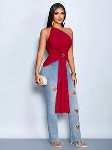 SOLERSUN Women's Summer Solid Sexy Metal Pleated One Shoulder Sleeveless Ruched Flowy Top Suitable For Casual Wear Dates Going Out Y2K Party Night - Burgundy - View 6
