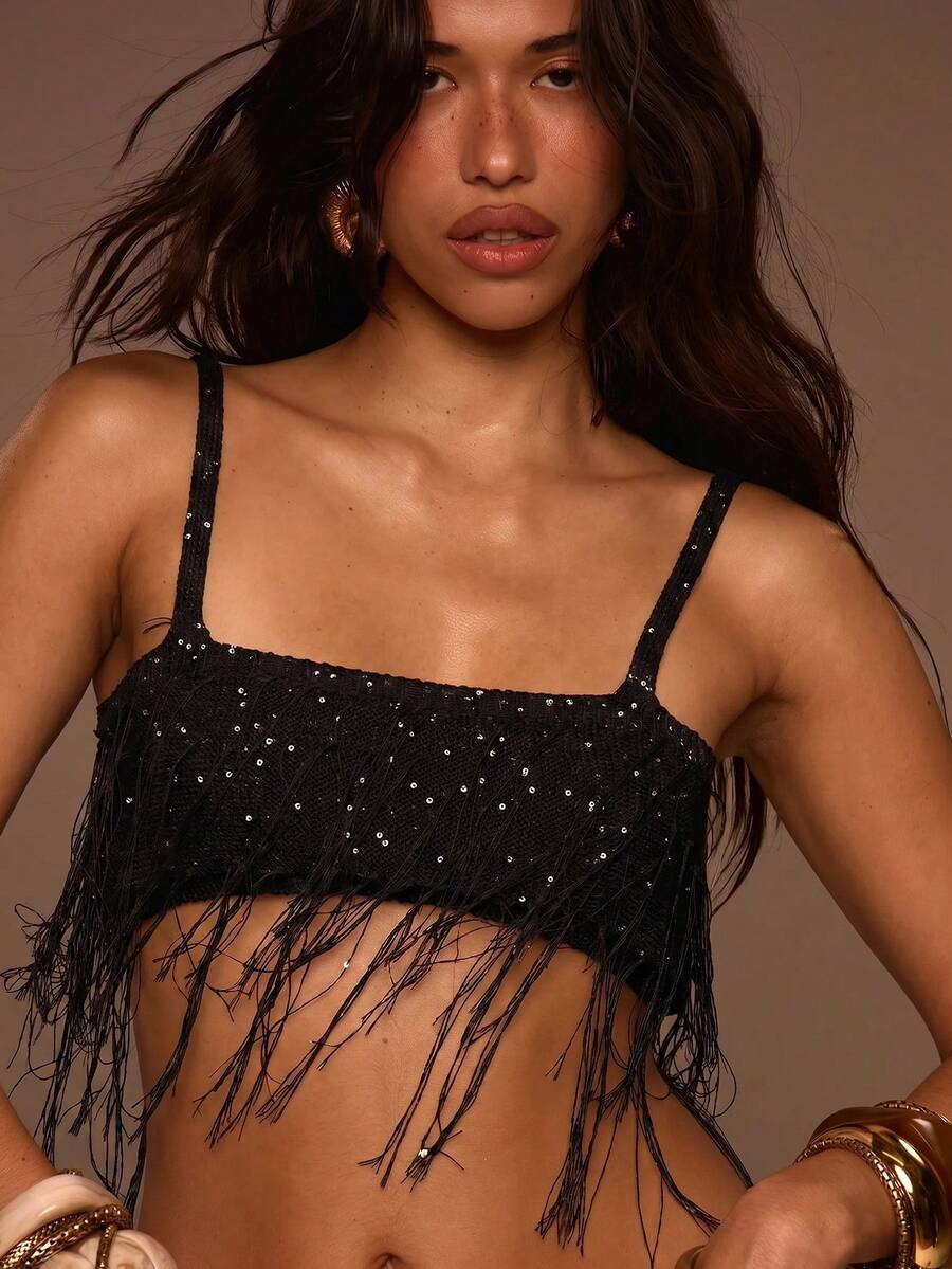 Musera Resort Sequin Fray Detail Co-Ord Crop Top Only Cover Up Summer Swim Beach Vacation Everyday Sexy Cute Boho - Black - View 1
