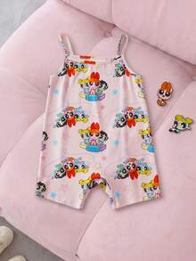 THE POWERPUFF GIRLS X SHEIN 女嬰卡通印花休閒日常居家細肩帶連身褲 - 粉色 - 查看 3