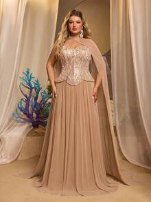 Glamrae فستان سهرة أنيق بمقاس كبير بلون وردي مغبر مع أكمام معلقة مكشكشة وتصميم قنديل البحر مع كشكشة وترتر وزهور ثلاثية الأبعاد مطوية بقصة ضيقة وذيل حورية البحر مناسب للزفاف والعشاء والربيع - الأزرق - مشاهدة 5