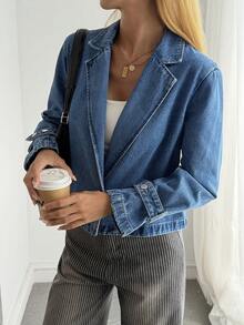 DAZY Women's Lapel NeckLong Sleeve Casual Denim Jacket Fall - Blue - View 2