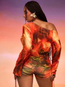 SHEIN LUNE Plus Size Women's Sexy Elegant Transparent Mesh Marble Digital Print 2 Pieces Set Fall Vacation Outfit: Long Sleeve Ruched V-Neck Cover-Up Red Sequin - Multicolor - View 5