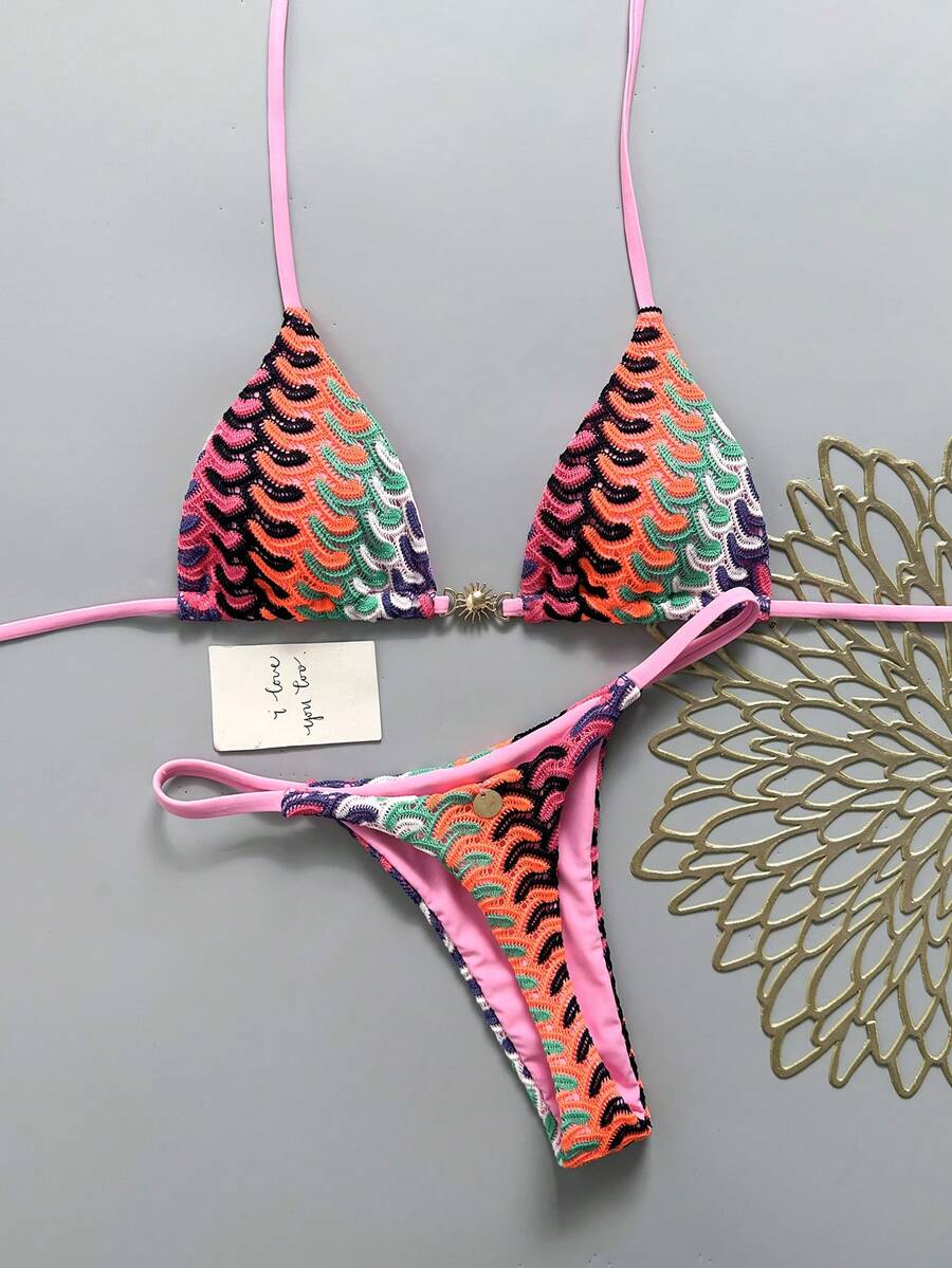 Swim Mod Women's Spring/Summer New Special Fabric Metal Decor V-Neck Halter Backless Triangle Bikini Set 2-Piece Swimsuit - Multicolor - View 1