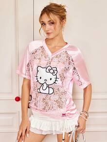 HELLO KITTY AND FRIENDS | SHEIN 女款夏季時尚蕾絲拼接卡通刺繡T恤 日常外穿 粉黑配色 可愛Y2K風格 - 粉色 - 查看 4