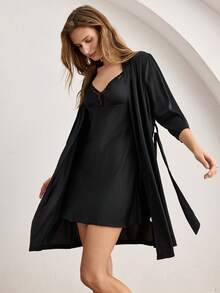Ocili Women's Solid Color Lace Patchwork Camisole Nightgown & Robe Pajama Set - Black - View 1