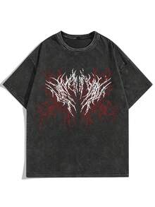 Manfinity Men's T-Shirt With Graphic Print Of The New York Slogan And The Statue Of Liberty, 100% Cotton, Crew Neck, Short Sleeve, Dark Gray, Summer, Streetwear, Red - 黑色 2 - 查看 2