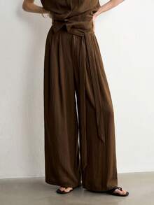 Aalyst Women's Fashion Commute Office Brunch Vacation Solid Color Top Wide Leg Pants 2 Pieces Set Dark Brown Summer Elegant Casual - Coffee Brown - View 7