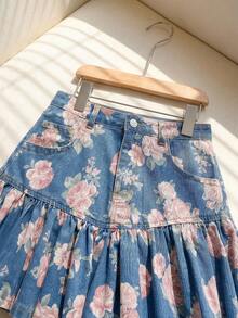 SHEIN MOD 女款夏季休閒花卉印花荷葉邊牛仔裙 - 中等水洗藍 - 查看 6
