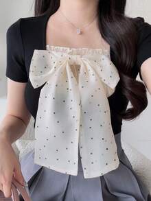 FRIFUL 女款拼接波點蝴蝶結裝飾修身顯瘦百搭夏季T恤 - 黑色 - 查看 5