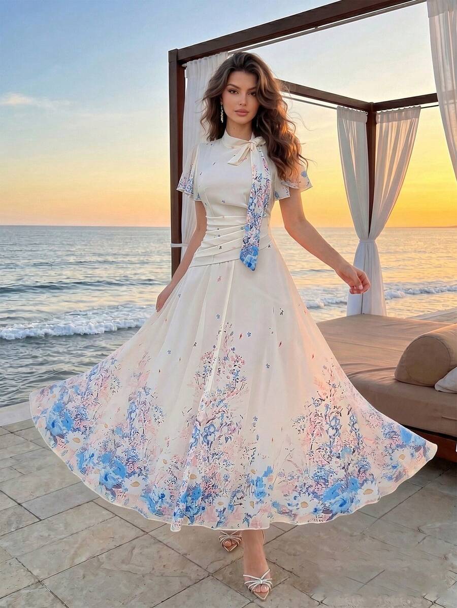 Modelyn Tie-Waist Ruched Placement Print Flare Dress For Women - Multicolor - View 1