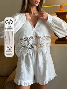 Livesso Women's Textured Sweet Lace Patchwork Button-Up Top And Shorts Pajama Set Summer - White - View 5