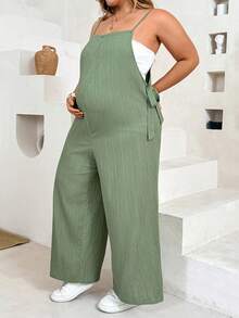 Plussiva Plus Size Maternity Square Neck Tie Strap Solid Color Jumpsuit - Green - View 5