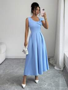 Elenzga Women's Fashion New Sleeveless V-Neck Big Bow Decor Zipper Knee-Length Elegant Dress, Suitable For Daily Wear, Date, Party, Back To School, Birthday, Valentine's Day, Graduation, Banquet - Blue - View 6