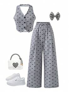 SHEIN 2件組女童青少年套裝 開襟無袖西裝背心、條紋背心上衣、鬆緊腰拼接腰帶寬鬆寬腿條紋長褲，通勤休閒夏季兩件套 - 灰色 - 查看 3