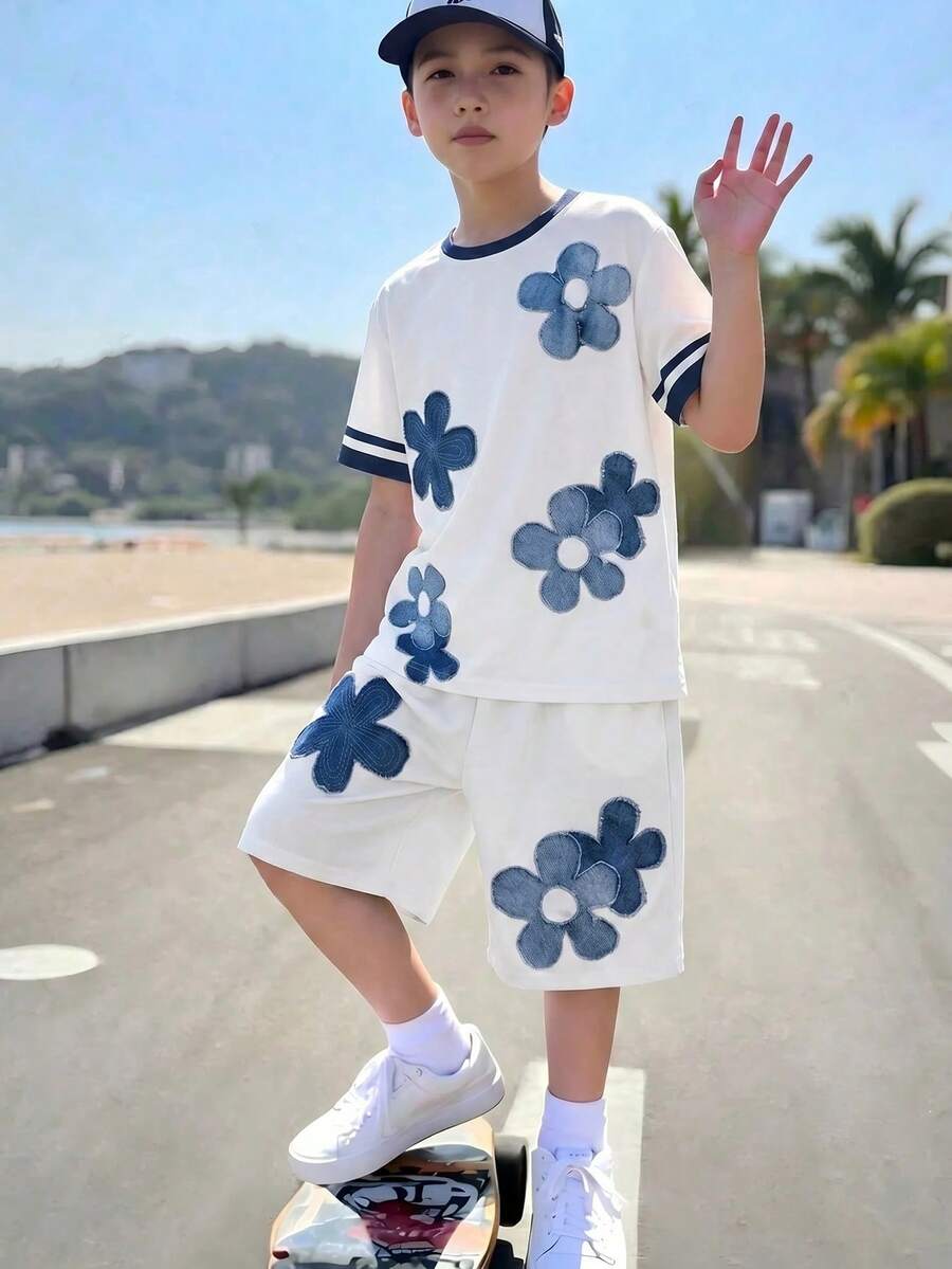 SHEIN 男童休闲印花短袖T恤和短裤套装(2件套),带口袋,度假风 - 彩色 - 查看 1