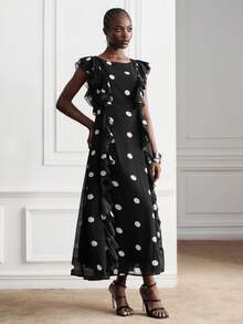 Aveloria Modichic Royal Blue Chiffon Round Neck Multi-Layer Ruffle Trim Minimalist Design Elegant Versatile Flutter Sleeve Dress - Black - View 4