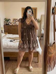 SHEIN CURVE+ Plus Size V-Neck Tie Front Ruffle Hem Short Sleeve Casual Goth Elegant Summer Dress, Spring Vacation Brown - Brown - View 3