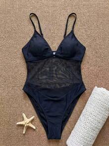 Swim SXY 1 bộ đồ bơi liền thân bằng lưới vá gợi cảm có dây điều chỉnh dành cho nữ, dáng ôm, xuân/hè - màu đen - Xem 3