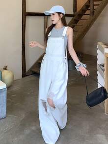 DAZY 女款破舊休閒寬腿牛仔吊帶褲 - 白色 - 查看 3