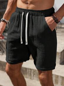 VENTUSAIL Men's Textured Crinkled Pure Cotton Solid Color Shorts - Black - View 3
