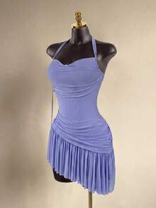 SaltGleam SaltGleam Women's Solid Color Ruched Sexy Date Night Out Party Mini Halter Dress Light Blue Lace Summer - Purple - View 3