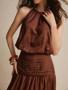 CielaLinda Women's Chiffon Halter Camisole And Skirt Two Pieces Set - Brown - View 3