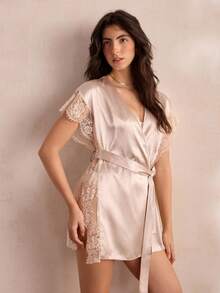 Charlaine Women's Sweet Satin & Lace Patchwork Tie-Front Robe - Khaki - View 1