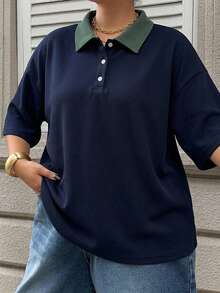 Dazy Plus 女款大尺碼拼色拼接條紋寬鬆 Polo 領中袖休閒夏季 T-shirt - 藏蓝色 - 查看 4