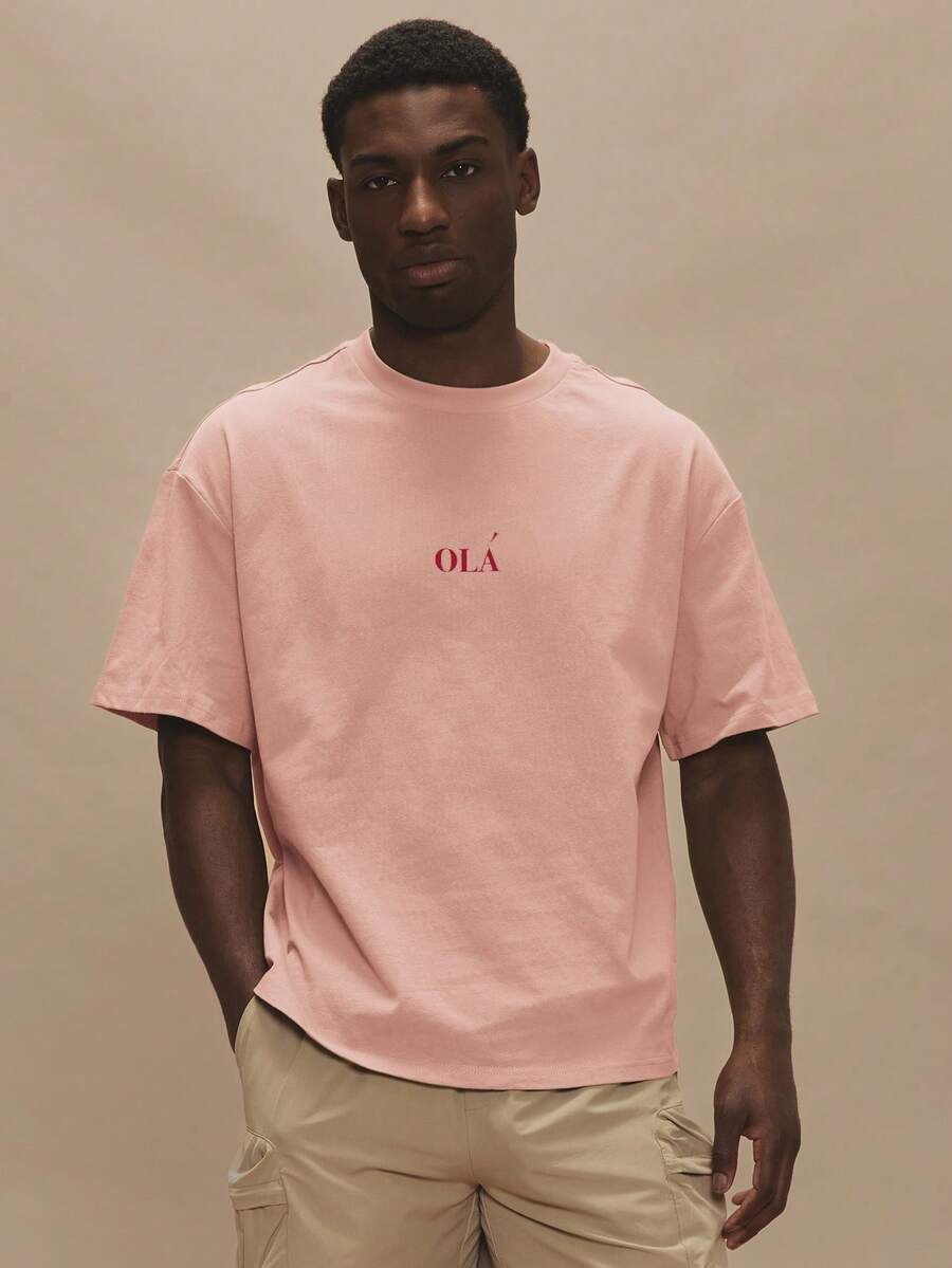 Musero Short Sleeve Oversized Graphic "Ola" T Crew Neck Shirt Spring Summer Essentials - Baby Pink - View 1