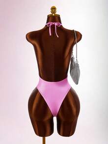 Amplova Women's Letter Rhinestone Fashion Sexy Halter Bodysuit Night Out Going Out Club Pink Summer - Pink - View 8