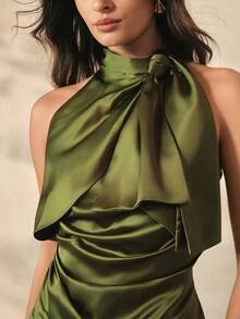 Anewsta Chaleco de fiesta elegante vintage para mujer, primavera/verano, cuello alto pequeño, bajo asimétrico, tirante con lazo, sin mangas, corte ajustado, favorecedor - Verde - Ver 1