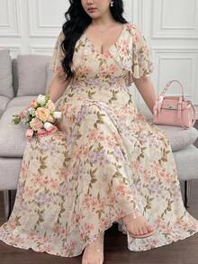 Vibekara Plus Size Women's V-Neck Cape Design Floral Print Chiffon Dress With Ruched And Flared Hem, French Romantic Style Purple Floral Chiffon V-Neck Dress, Women's Summer Cardigan Sleeve Waist-Cinching Design, Elegant Long Dress, Date Outfit, Suitable For Casual Outings, Urban Commuting, Dates, Gatherings, Birthdays, Parties, Banquets, Evening Events, Tea Parties, Vacations, Holidays, And Work And Commuting Occasions - Multicolor - View 3