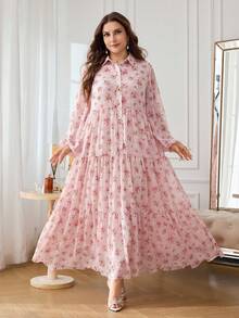 Al Najma Casual Chiffon Floral Print Long Sleeve Tiered Loose Regular Fit Spring Summer Plus Size Women's Arabic Dress - Pink - View 4