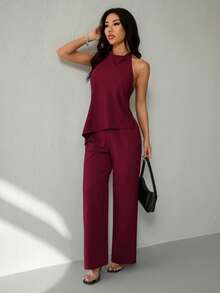 SHEIN PETITE 女款掛脖無袖酒紅色上衣與長褲兩件套 - 酒紅色 - 查看 6