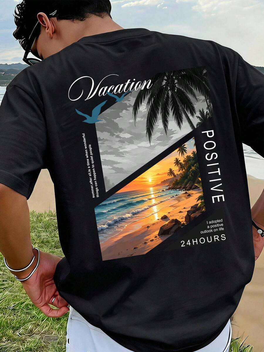 VIVINTIMO 年輕時尚男士黑色度假風印花修身短袖T恤,適合日常休閒、戶外度假,送給男友的貼心禮物 - 黑色 - 查看 1