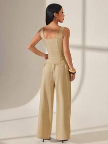 SHEIN PETITE Women's Linen-Blend Two-Piece Set – Buttoned Vest Top Wide-Leg Pants Solid Color Single-Breasted And Summer Spring Valentine's Day Party Office Beige - Beige - View 7