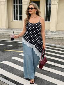 Easura Women's Polka Dot Lace Patchwork Asymmetrical Hem Tummy Control Slimming Elegant Versatile Plus Size Camisole Vacation Black And White Summer - Black and White - View 4